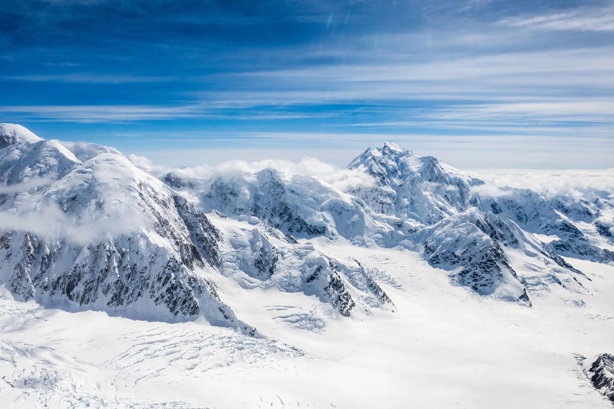 Denali mountain and glaciers seen from the air